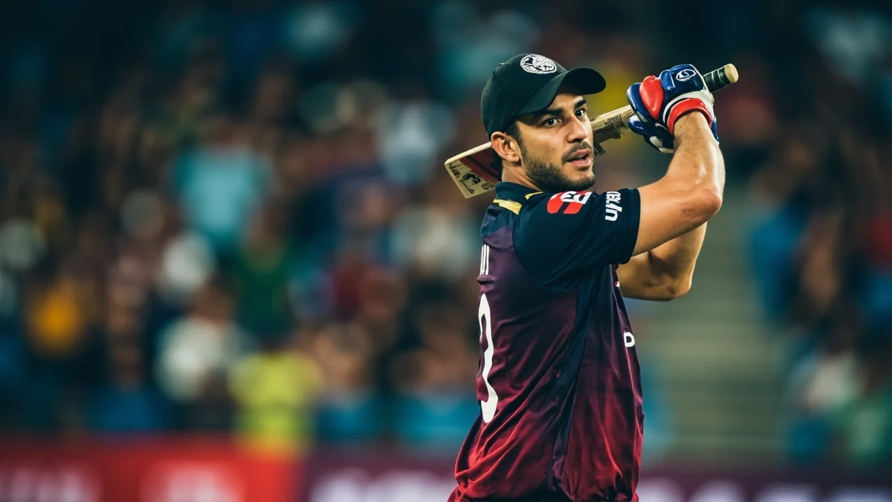 Close editorial frame of a batter finishing a stroke on the off side during an evening fixture, with the crowd blurred behind the boundary rope.