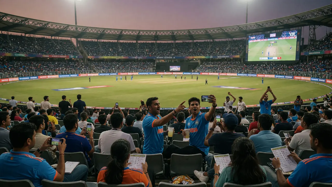 Wide floodlit cricket stadium with a full crowd and green outfield during a night limited-overs match.