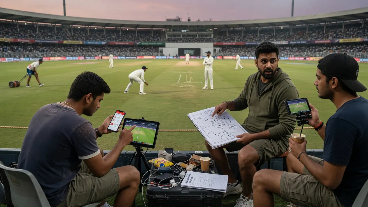 Medium shot of fielders and a bowler setting positions on a cricket ground during a day match.
