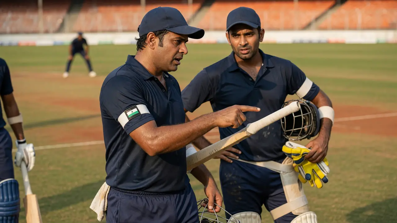 Close sideline action of a batter driving through the off side during a floodlit limited-overs cricket match.