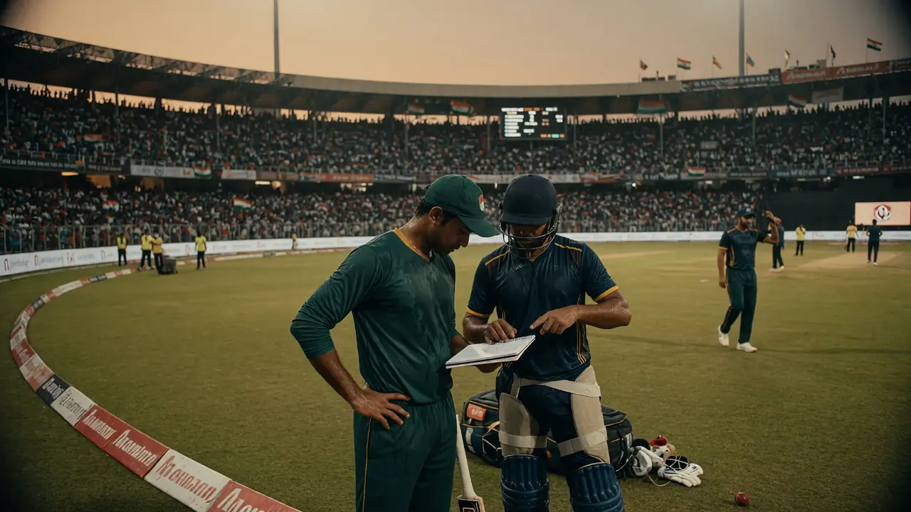 Wide evening view of a packed cricket stadium with floodlights over a green outfield before a limited-overs match.