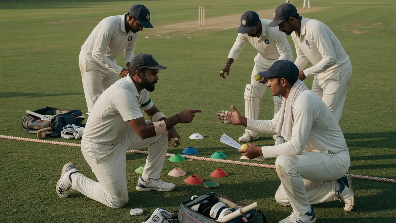 Medium view of fielders adjusting positions and discussing tactics between overs on a green cricket outfield.