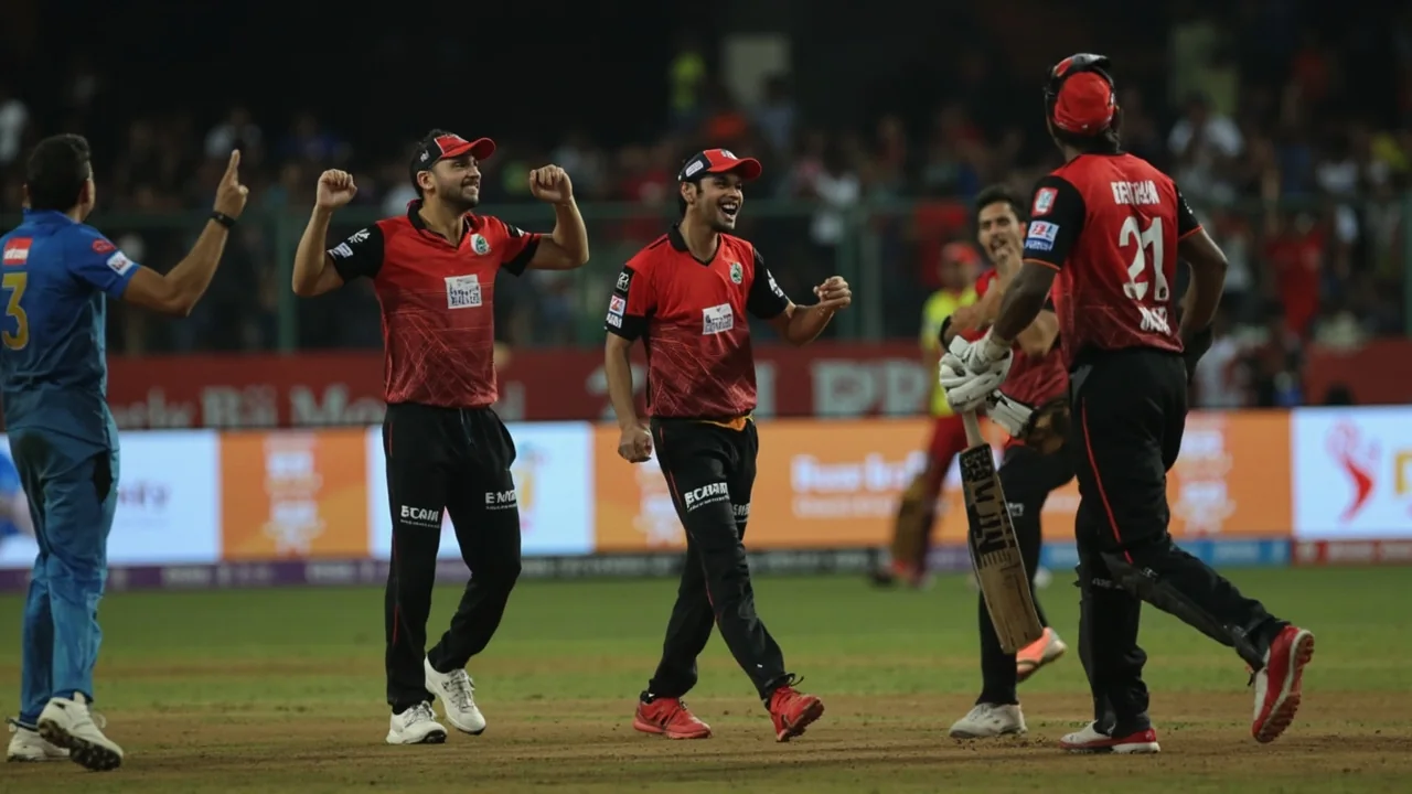 Medium tactical scene from a T20 match showing field placement and team interaction during the innings phase.