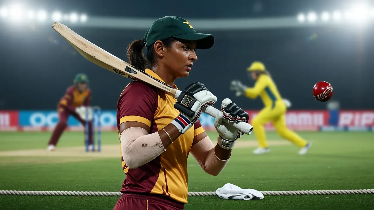 Close sideline action of a batter driving through the off side during a women's T20 match under stadium lights.