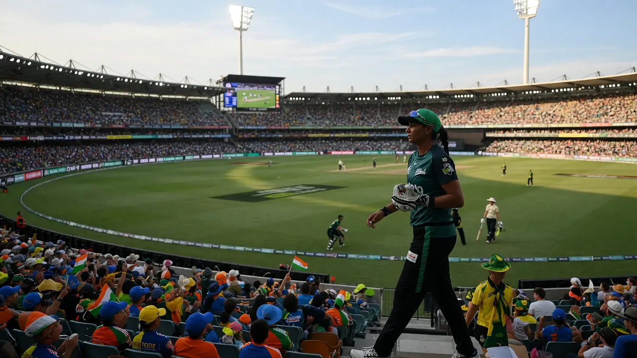 Wide evening view of a packed women's T20 cricket stadium with floodlights and a full outfield before a Big Bash fixture.