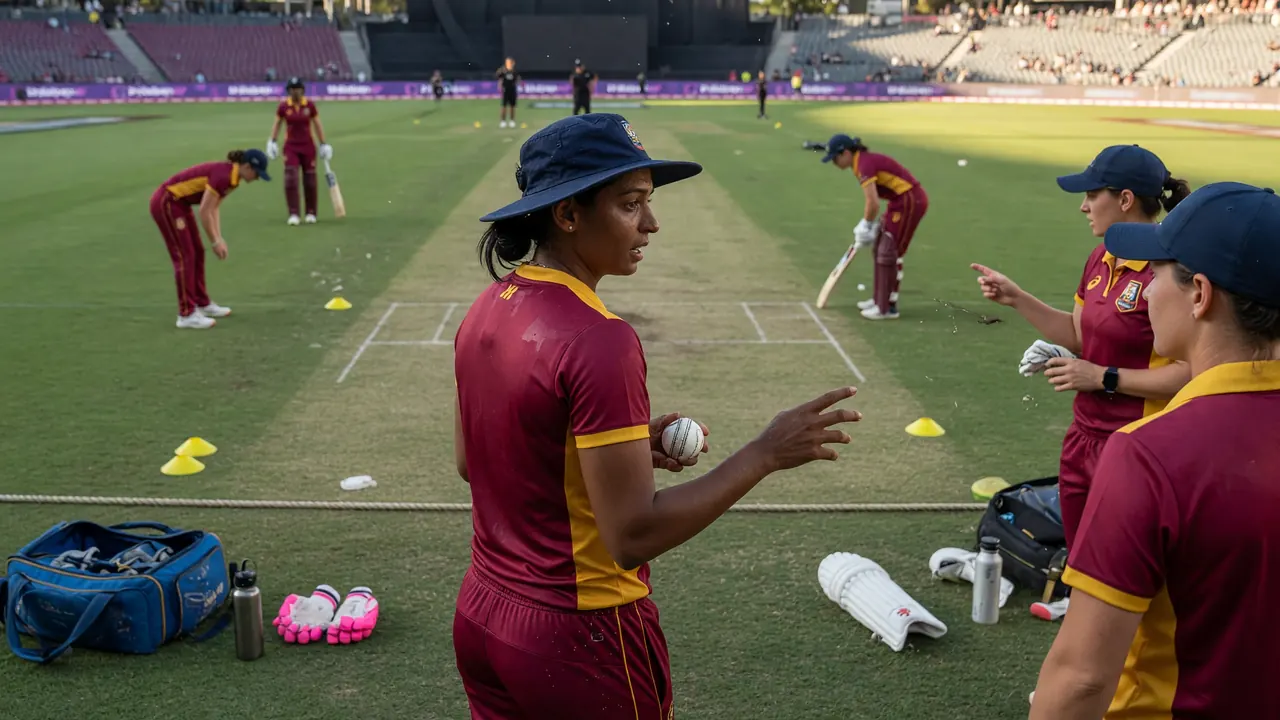Medium view of fielders adjusting positions and discussing tactics between overs on a green outfield.