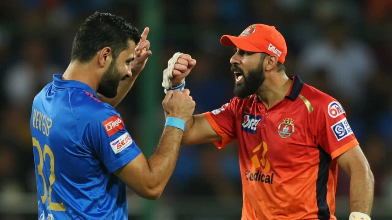 Close sideline view of a senior batter in an IPL jersey turning back toward the pitch under floodlights, with a wicket-keeper and slip cordon behind.