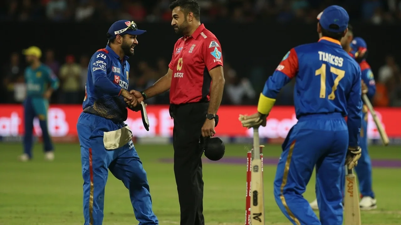 Mid-shot of a captain and senior batter discussing field placements near the stumps during a limited-overs match, with the bowler walking back to his mark.
