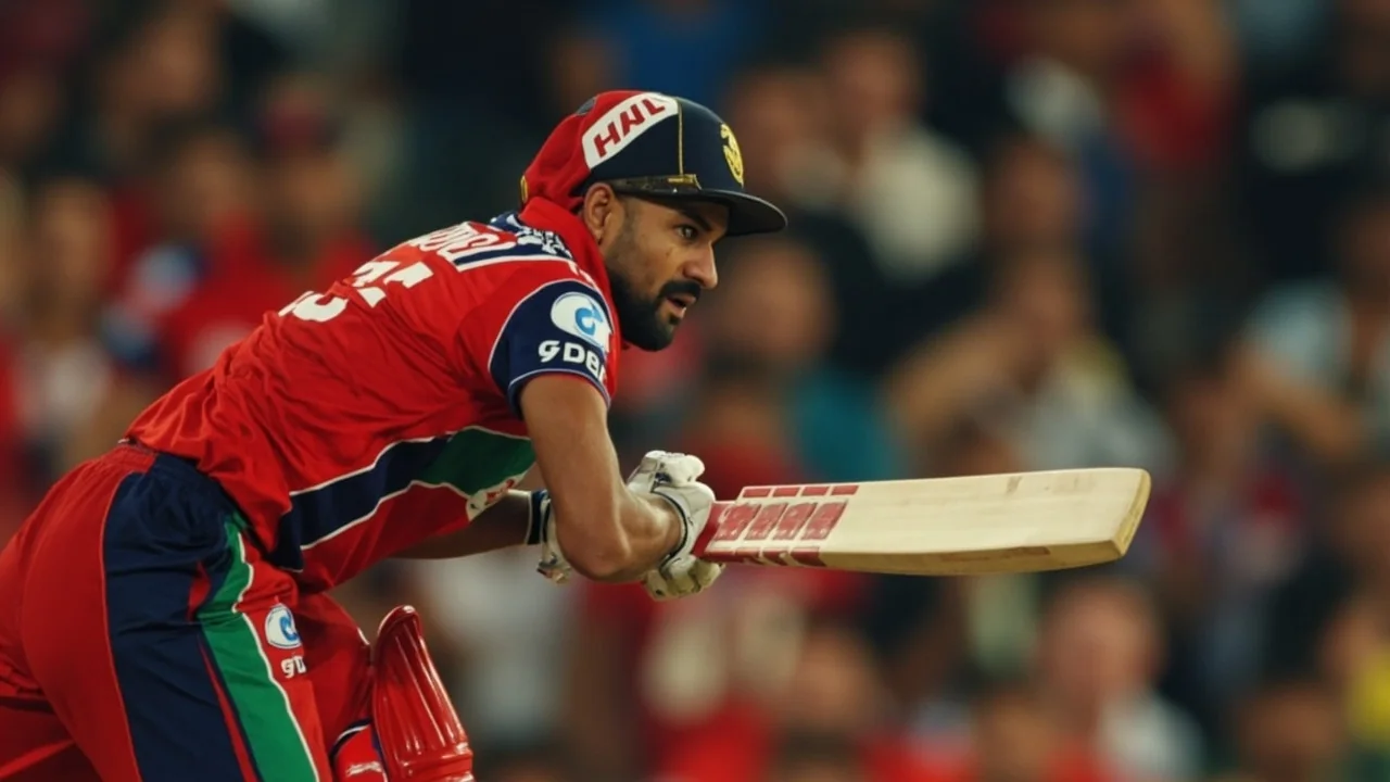 A leading IPL batter in mid-shot during a Royal Challengers Bengaluru match under evening floodlights.