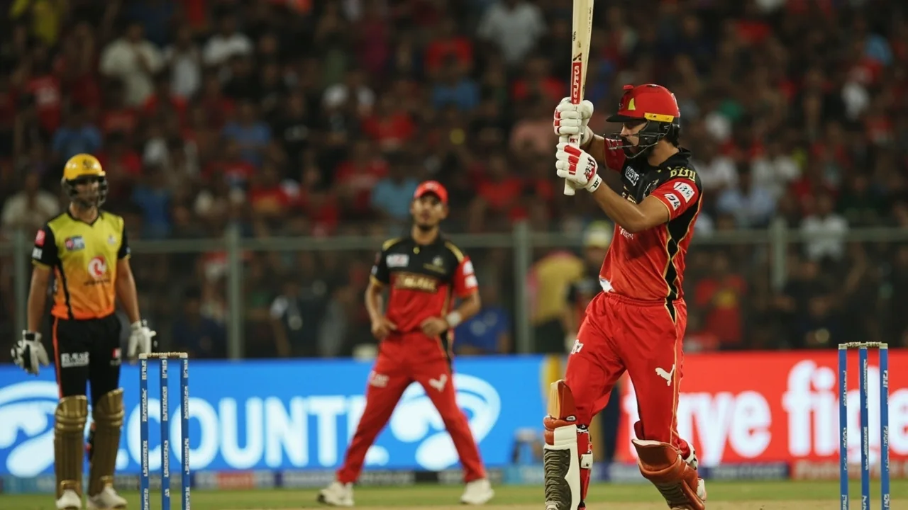 Field setting and slip cordon during a T20 powerplay over, with the captain and wicket-keeper mid-discussion behind the stumps.