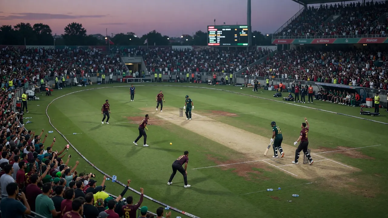 Wide evening view of a packed cricket stadium with floodlights over a green outfield before a limited-overs match.